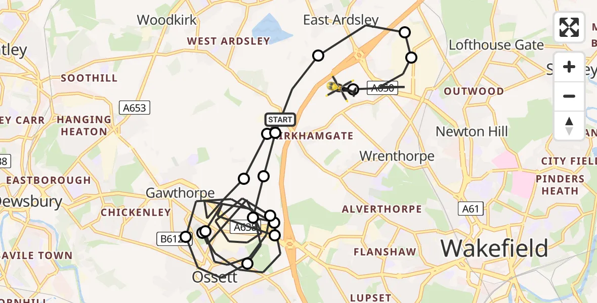 Flight path map showing Police Helicopter route from Woodkirk to Wrenthorpe