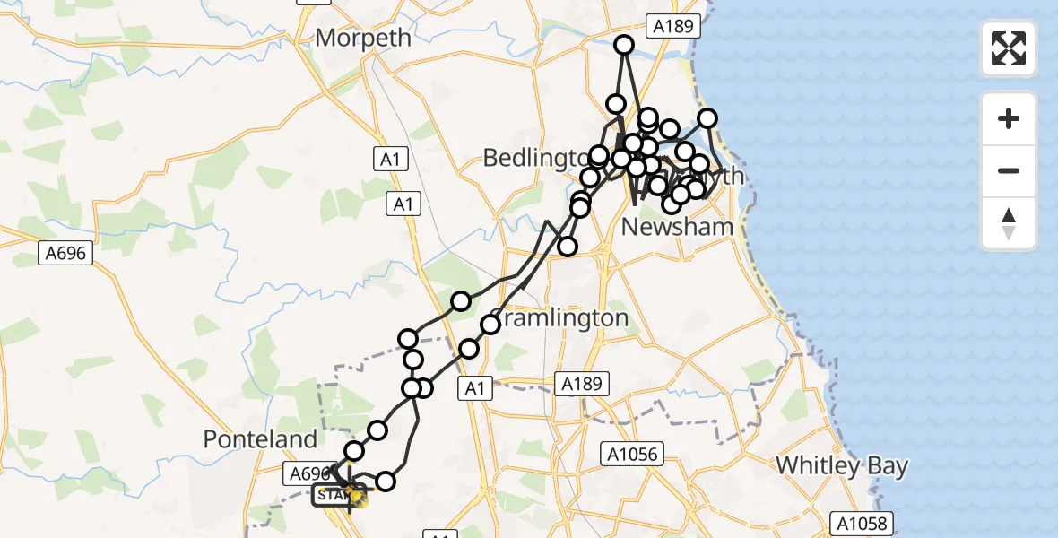 Flight path map showing Police Helicopter route from Newcastle International Airport to Newcastle International Airport