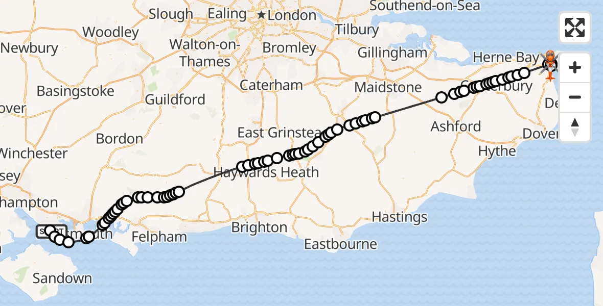 Flight path map showing Coastguard Helicopter route from Solent Airport to Manston Airport