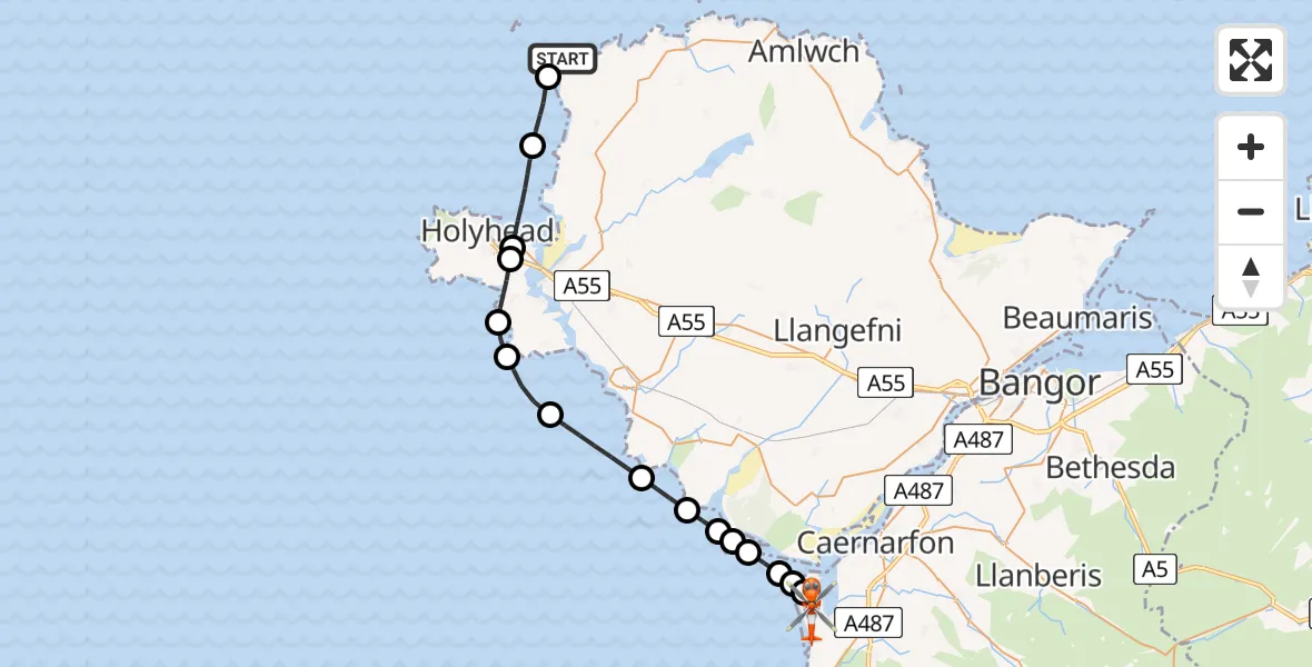 Flight path map showing Coastguard Helicopter route from Cylch-y-Garn to Caernarfon Airport