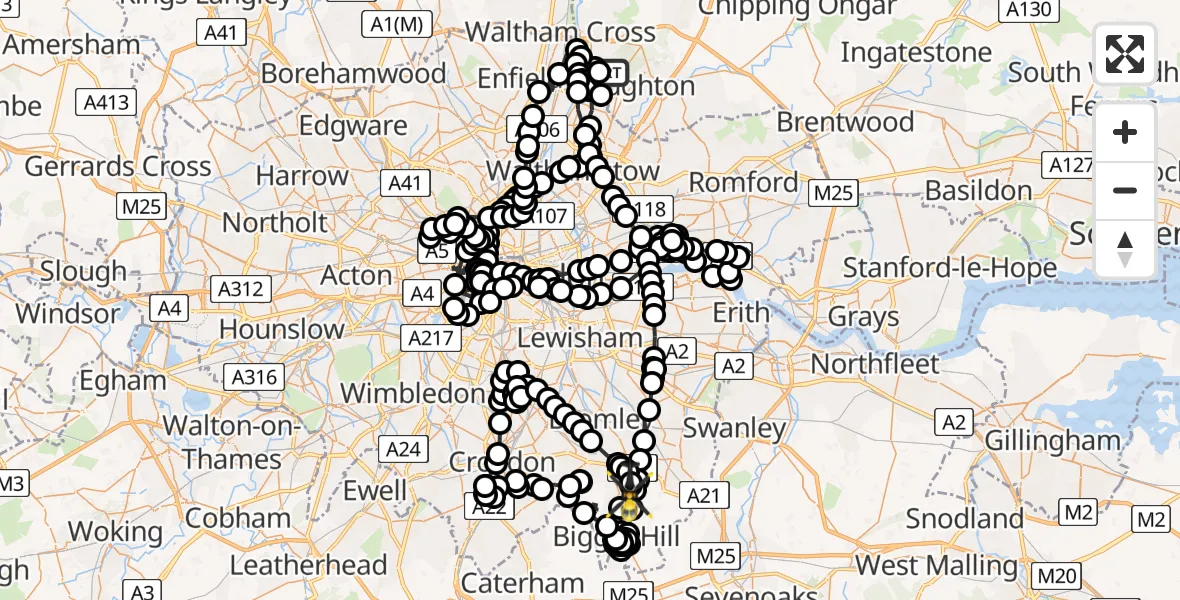Flight path map showing Police Helicopter route from Metropolitan Police Air Support Unit Lippitts Hill to Farthing Street