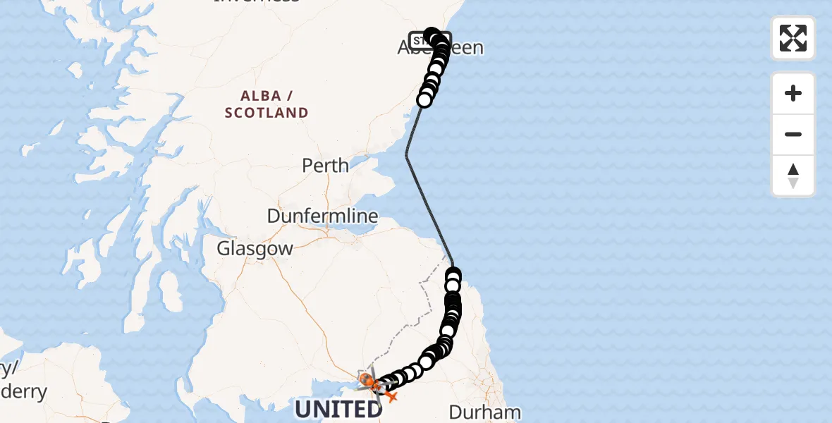 Flight path map showing Coastguard Helicopter route from Aberdeen International Airport to Carlisle Lake District Airport