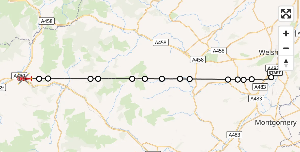 Flight path map showing Air Ambulance Helicopter route from Welshpool Airport to Comins-coch / Commins Coch