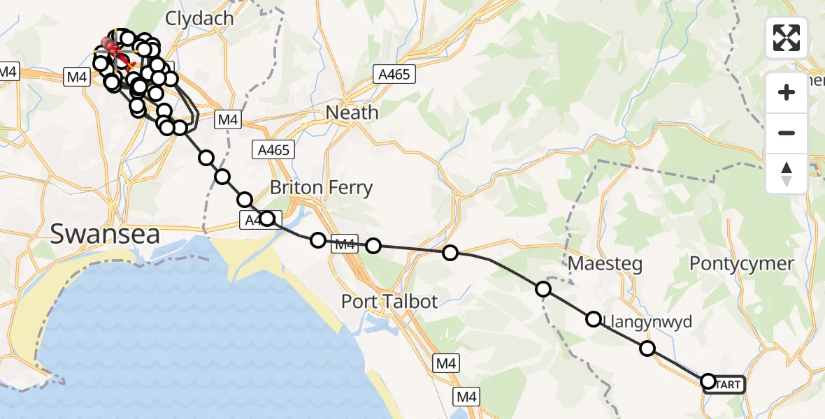 Flight path map showing Air Ambulance Helicopter route from Bettws to Morriston Hospital Helipad
