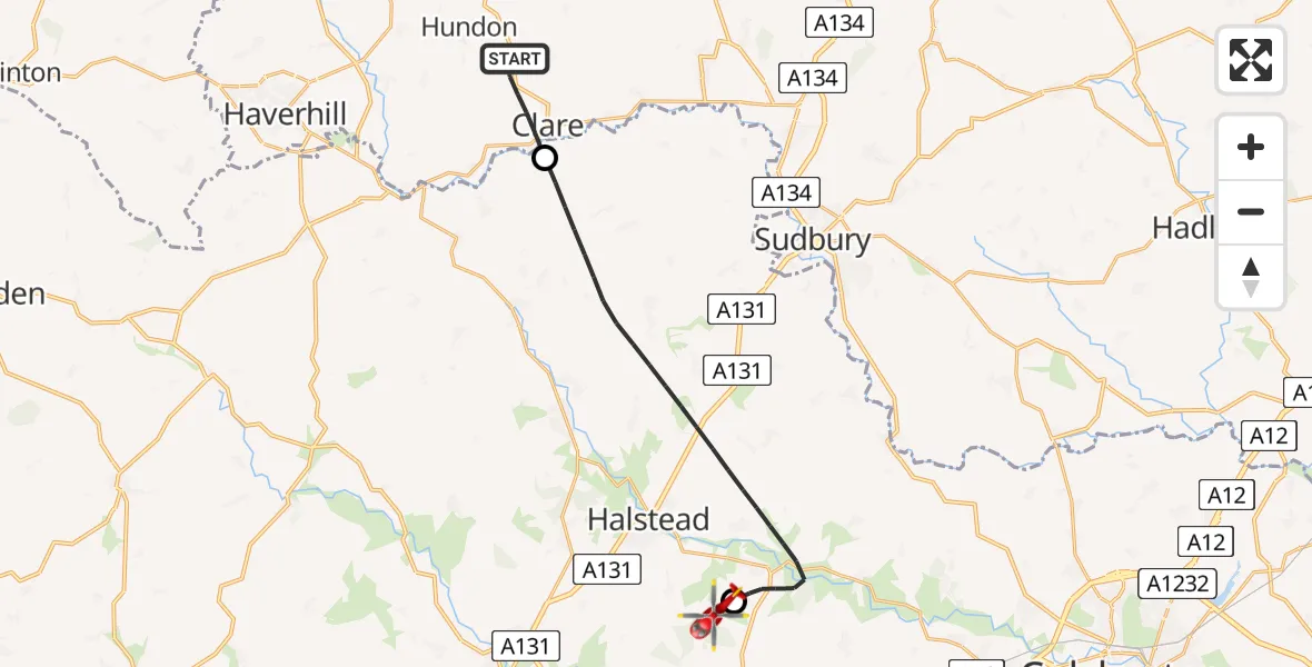 Flight path map showing Air Ambulance Helicopter route from Clare to Earls Colne Airfield