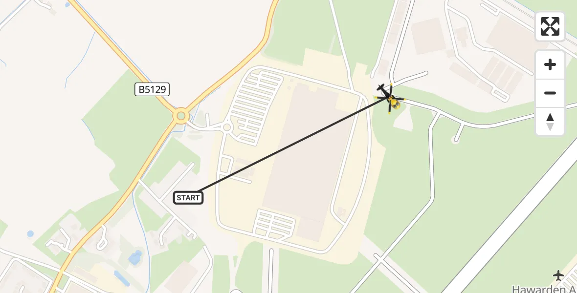 Flight path map showing Police Helicopter route from Hawarden Airport to Hawarden Airport