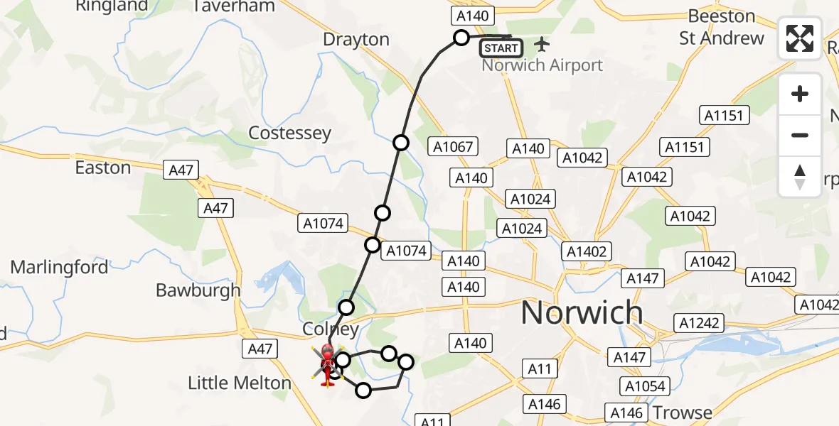 Flight path map showing Air Ambulance Helicopter route from Norwich Airport to Norfolk & Norwich Hospital