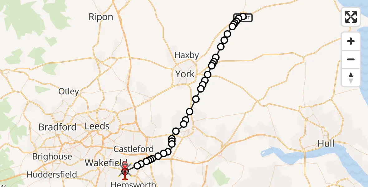 Flight path map showing Air Ambulance Helicopter route from Norton-on-Derwent to YAA Nostell Helicopter Port