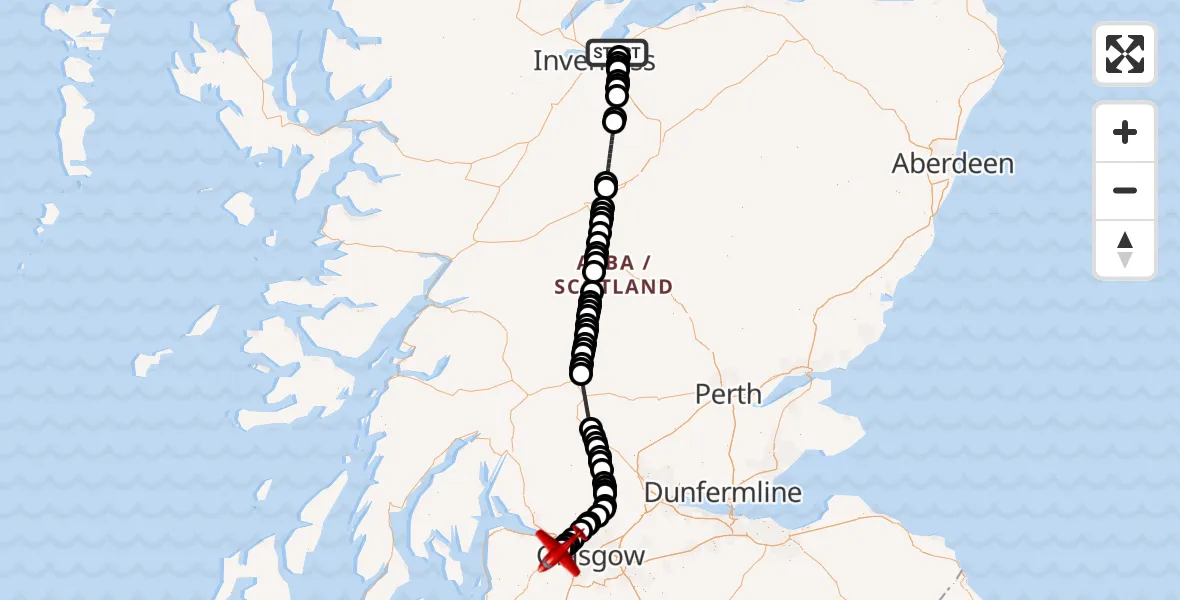 Flight path map showing Air Ambulance Aircraft route from Inverness to Glasgow Airport