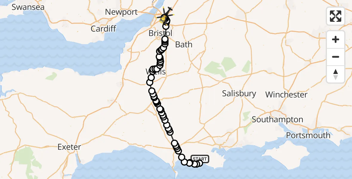 Flight path map showing Police Helicopter route from East Lulworth to Hortham