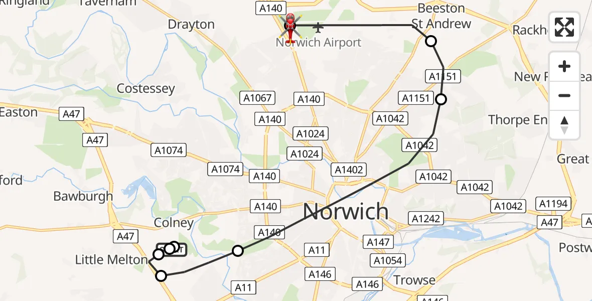 Flight path map showing Air Ambulance Helicopter route from Norfolk & Norwich Hospital to Norwich Airport