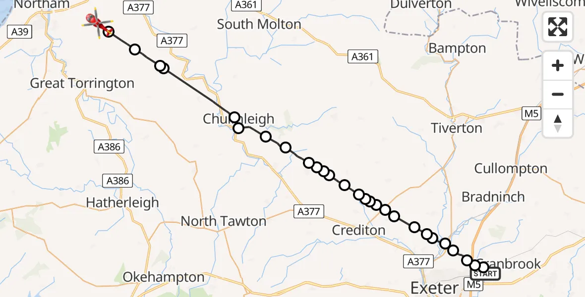 Flight path map showing Air Ambulance Helicopter route from Clyst Honiton to Alverdiscott