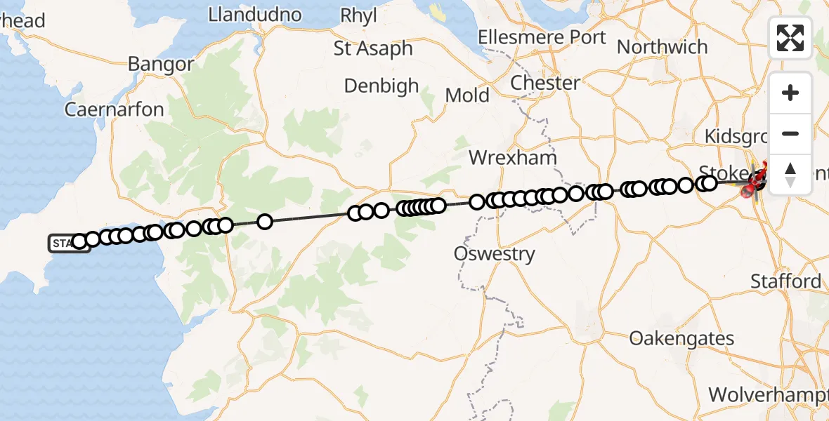 Flight path map showing Air Ambulance Helicopter route from Pwllheli to University Hospital North Staffs