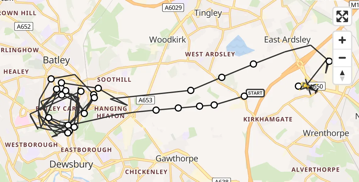 Flight path map showing Police Helicopter route from East Ardsley to Wrenthorpe
