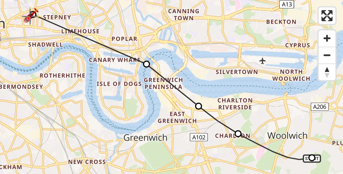 Flight path map showing Air Ambulance Helicopter route from Shooters Hill to Royal London Hospital