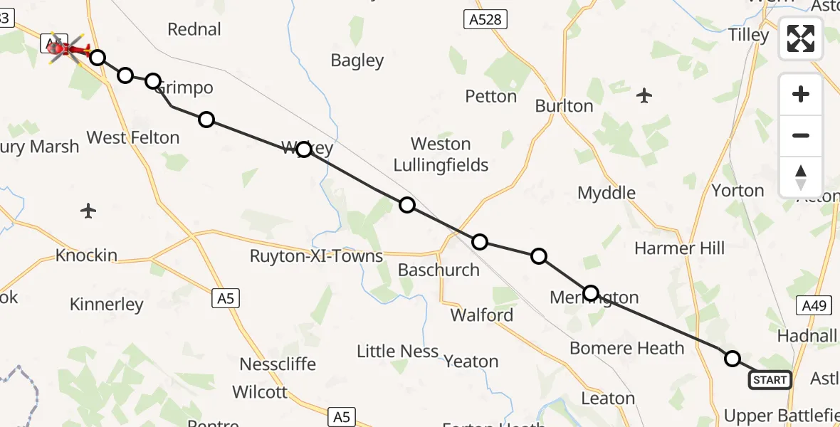 Routekaart van de vlucht: Air Ambulance Helicopter to Oswestry Rural, A5