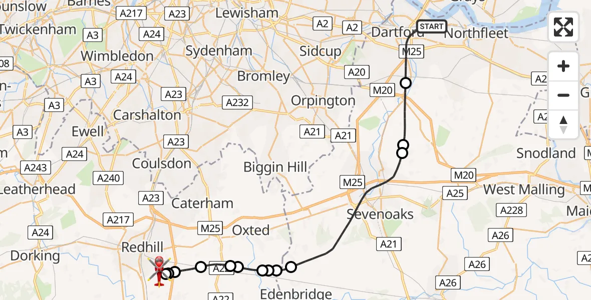 Flight path map showing Air Ambulance Helicopter route from Dartford to Redhill Aerodrome