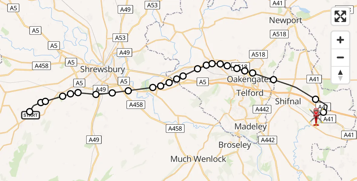 Flight path map showing Air Ambulance Helicopter route from Pontesbury to Cosford