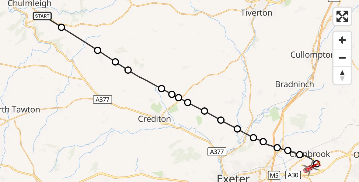 Flight path map showing Air Ambulance Helicopter route from Chawleigh to Rockbeare