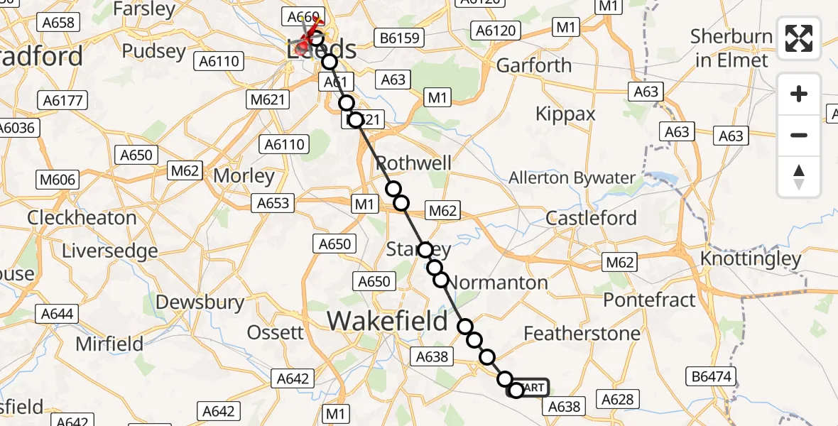 Flight path map showing Air Ambulance Helicopter route from YAA Nostell Helicopter Port to Woodhouse