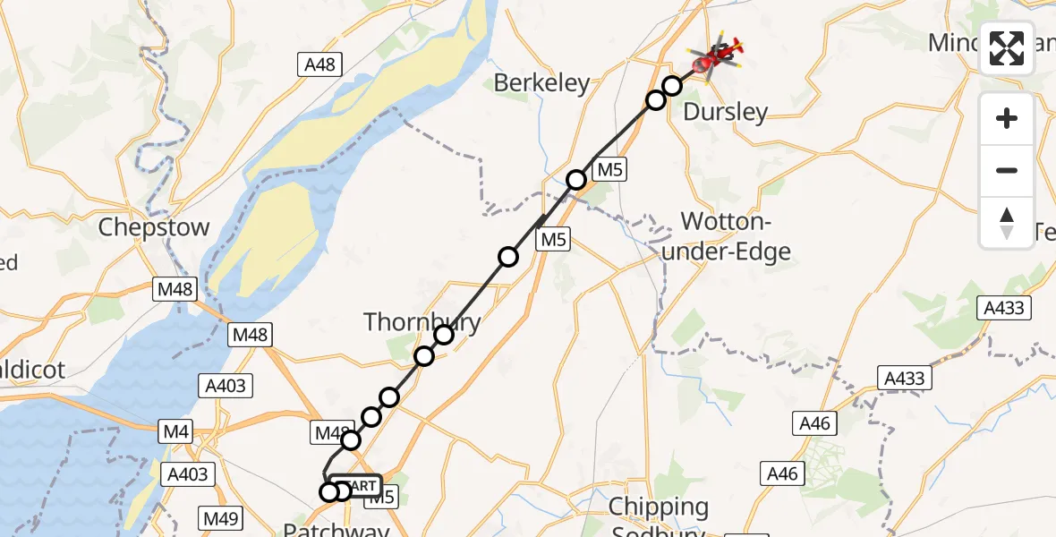 Flight path map showing Air Ambulance Helicopter route from Almondsbury Helicopter Base to Stroud