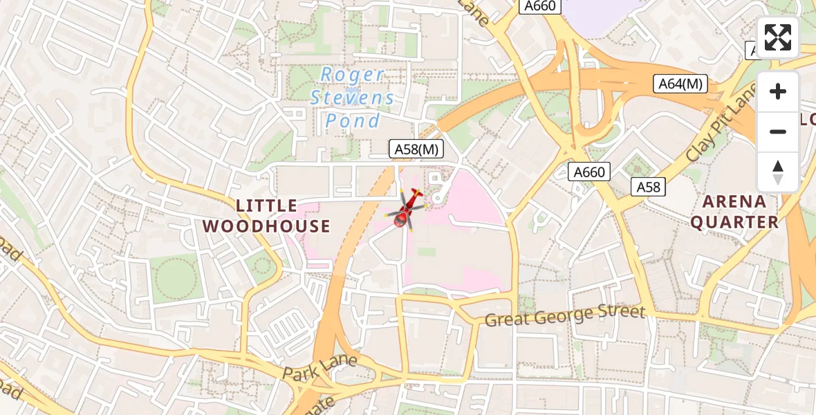 Flight path map showing Air Ambulance Helicopter route from Woodhouse to Woodhouse