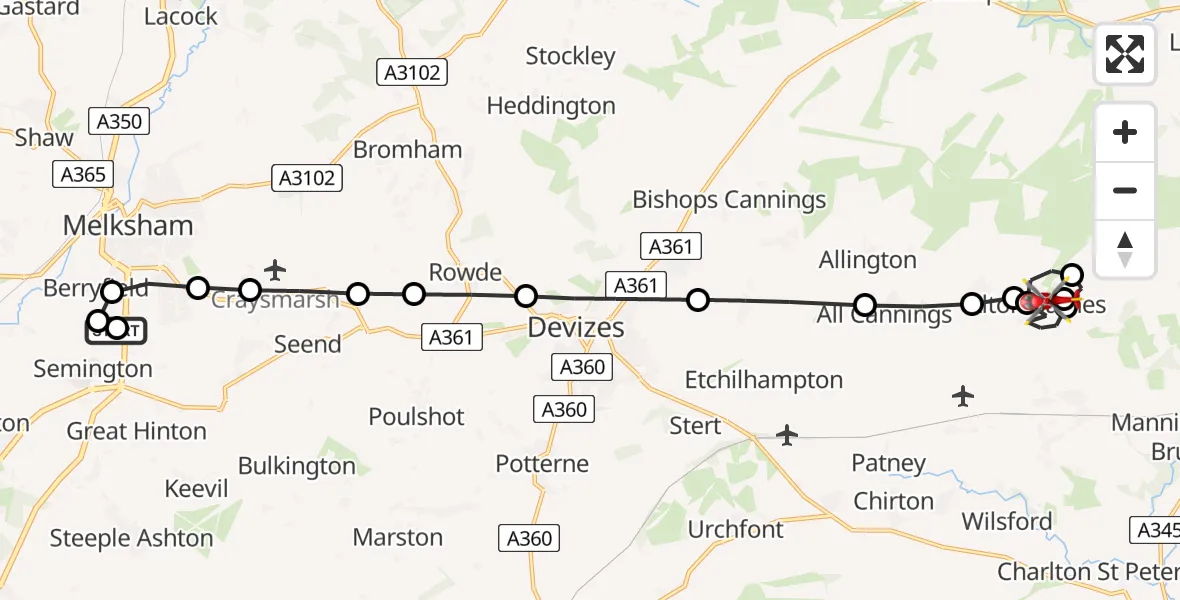 Flight path map showing Air Ambulance Helicopter route from Wiltshire Air Ambulance to Alton Barnes