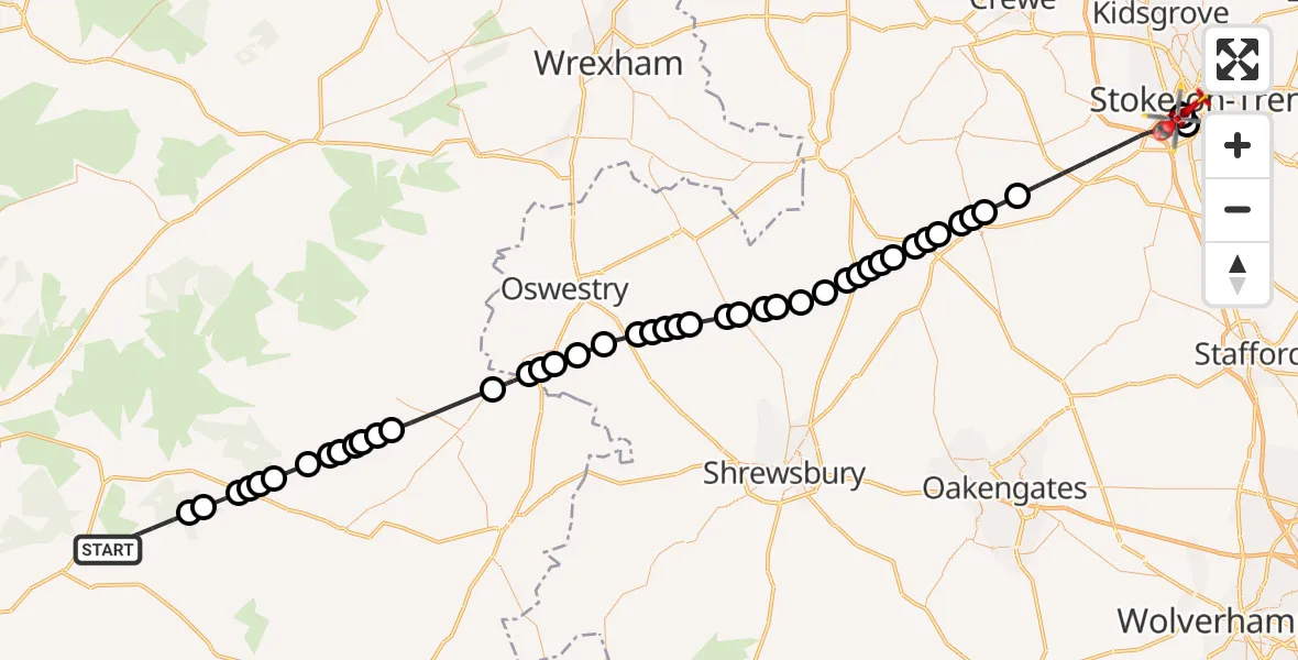 Flight path map showing Air Ambulance Helicopter route from Llanbrynmair to University Hospital North Staffs