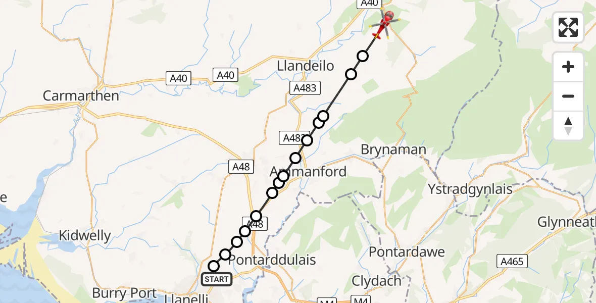 Flight path map showing Air Ambulance Helicopter route from Dafen to Bethlehem