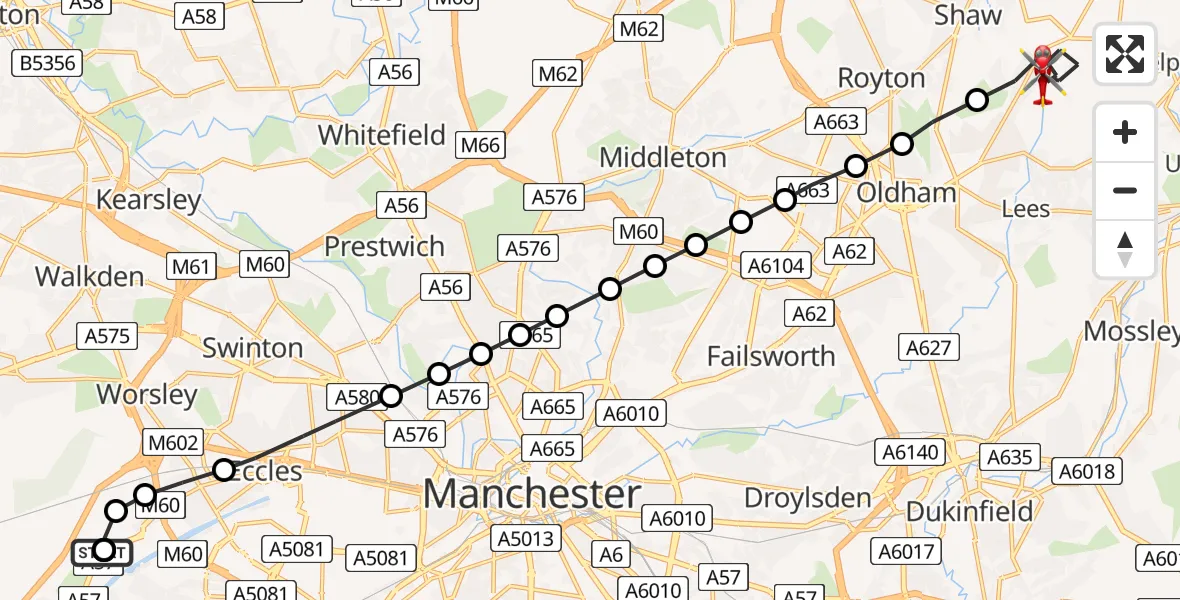 Flight path map showing Air Ambulance Helicopter route from Manchester Barton Aerodrome to Shaw