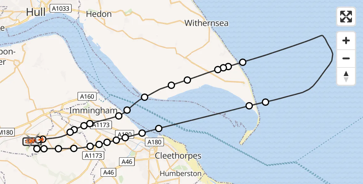 Flight path map showing Coastguard Helicopter route from Humberside Airport to Humberside Airport