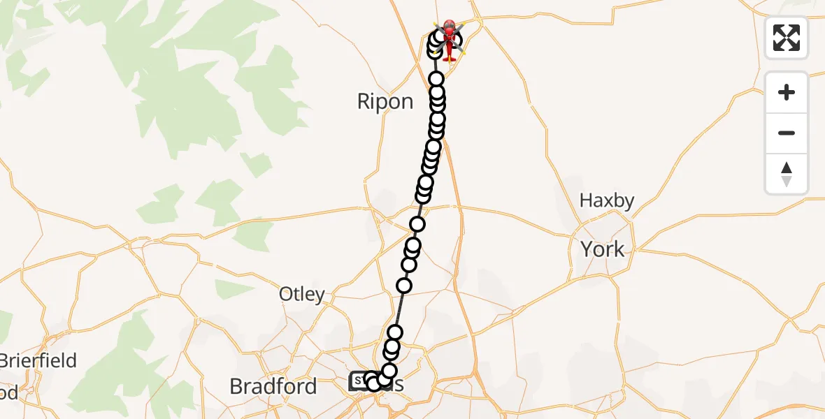 Flight path map showing Air Ambulance Helicopter route from Woodhouse to RAF Topcliffe