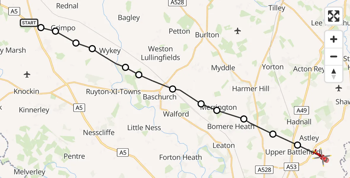 Routekaart van de vlucht: Air Ambulance Helicopter to Upper Battlefield, A53