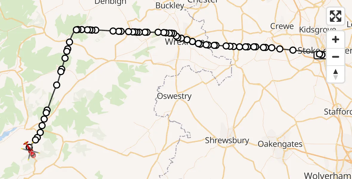 Flight path map showing Air Ambulance Helicopter route from University Hospital North Staffs to Corris Uchaf