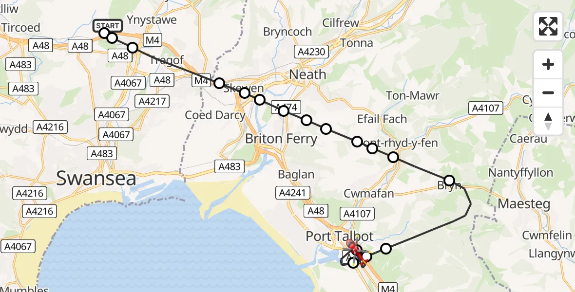 Flight path map showing Air Ambulance Helicopter route from Morriston Hospital Helipad to Taibach