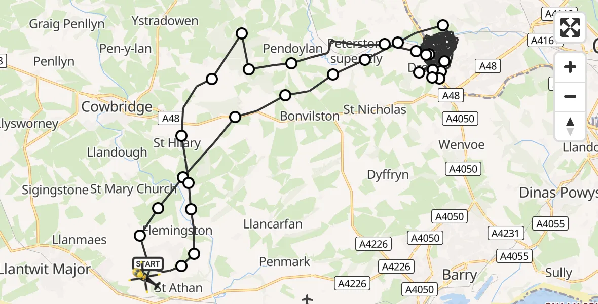 Flight path map showing Police Helicopter route from MOD St Athan to MOD St Athan