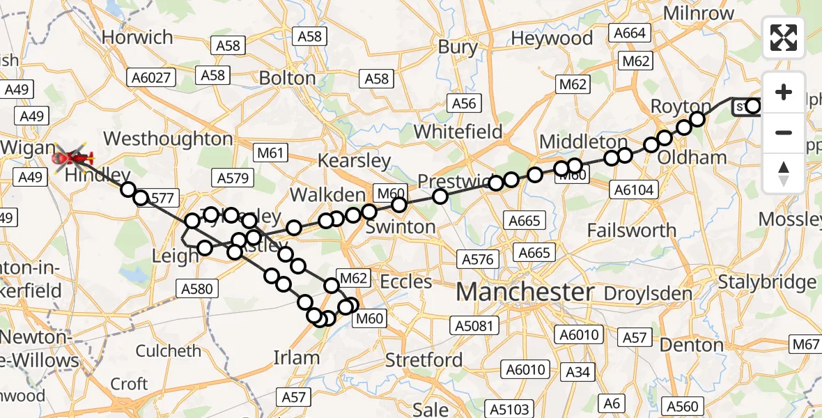 Flight path map showing Air Ambulance Helicopter route from Shaw to Hindley