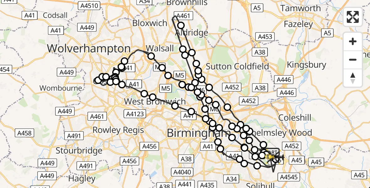 Flight path map showing Police Helicopter route from Birmingham Airport to Birmingham Airport