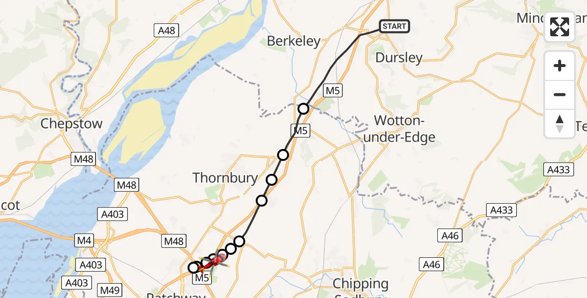 Flight path map showing Air Ambulance Helicopter route from Stroud to Hortham