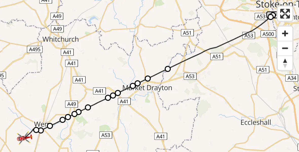 Flight path map showing Air Ambulance Helicopter route from University Hospital North Staffs to Sleap Airfield