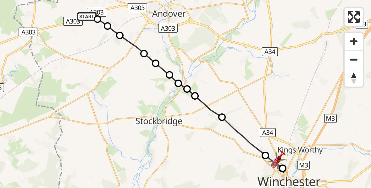 Flight path map showing Air Ambulance Helicopter route from Thruxton Aerodrome to Winchester