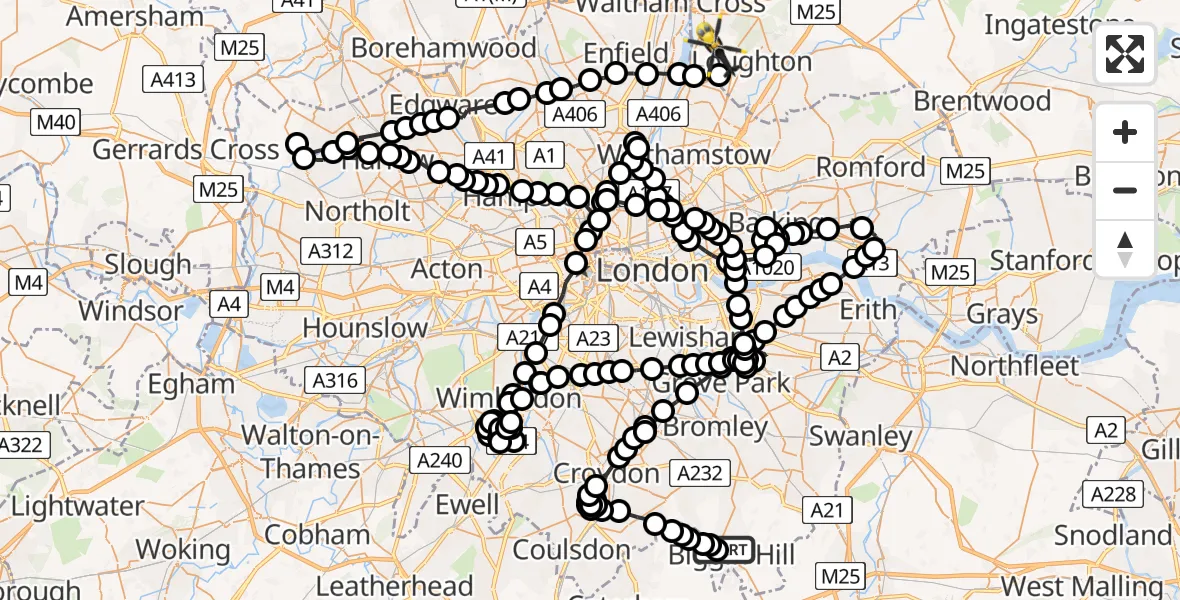 Flight path map showing Police Helicopter route from London Biggin Hill Airport to Metropolitan Police Air Support Unit Lippitts Hill