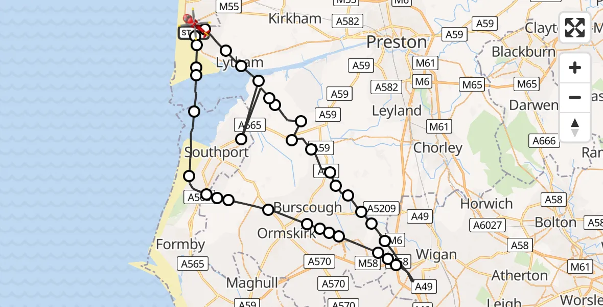 Flight path map showing Air Ambulance Helicopter route from Blackpool Airport to Blackpool Airport