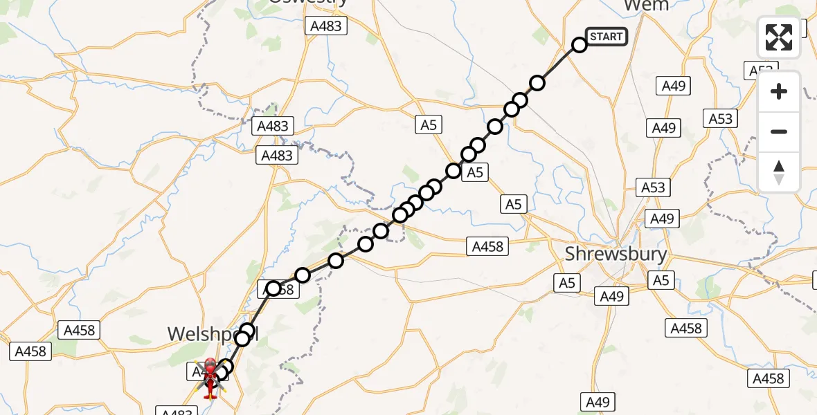 Flight path map showing Air Ambulance Helicopter route from Sleap Airfield to Welshpool Airport