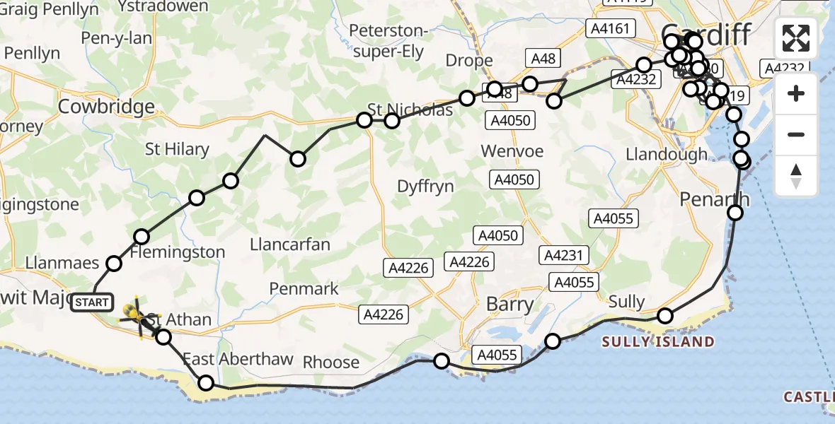 Flight path map showing Police Helicopter route from MOD St Athan to MOD St Athan