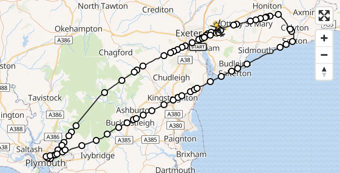 Flight path map showing Police Helicopter route from Topsham to Rockbeare