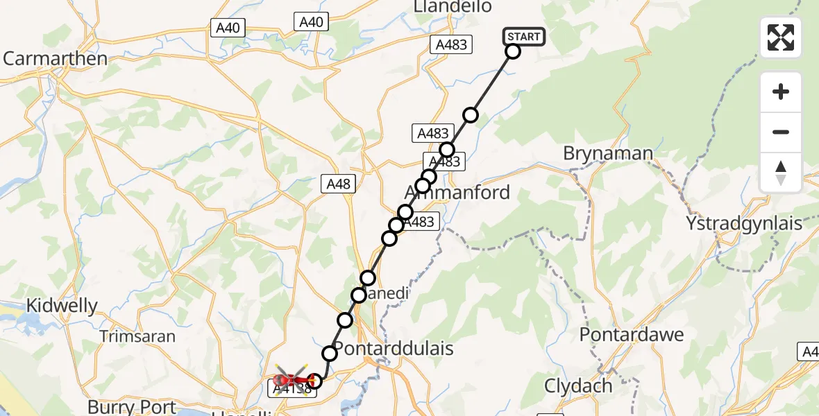Flight path map showing Air Ambulance Helicopter route from Dyffryn Cennen to Dafen