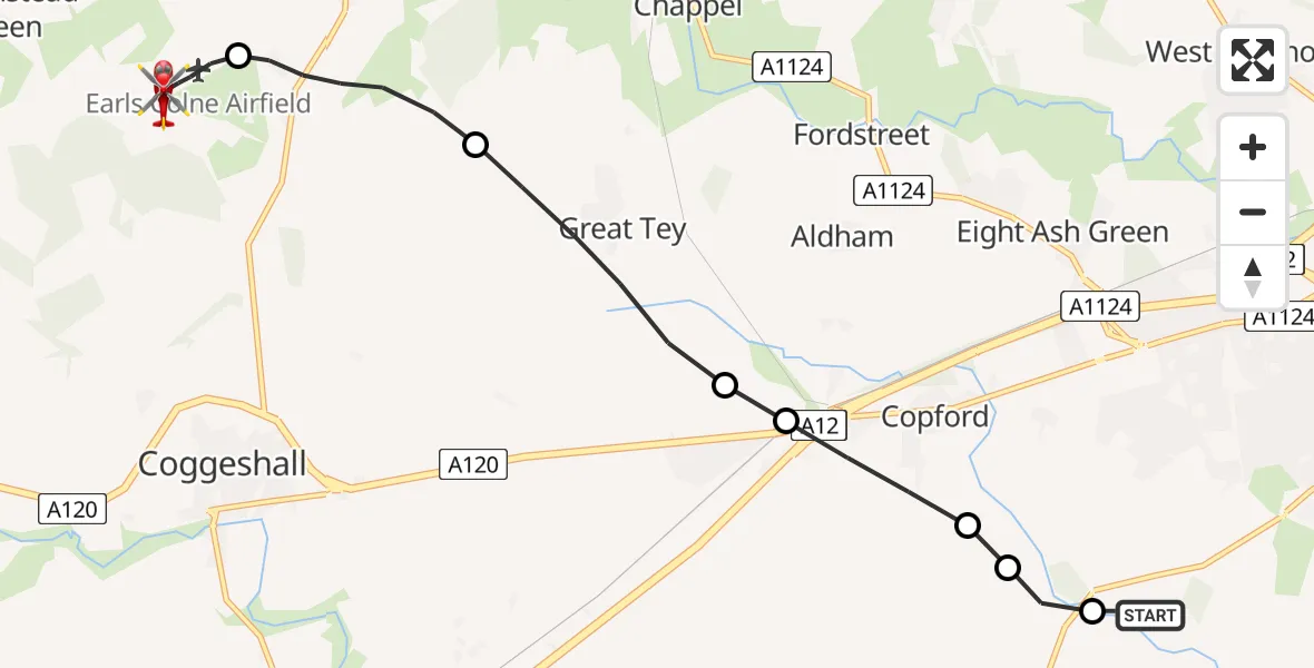 Flight path map showing Air Ambulance Helicopter route from Colchester to Earls Colne Airfield