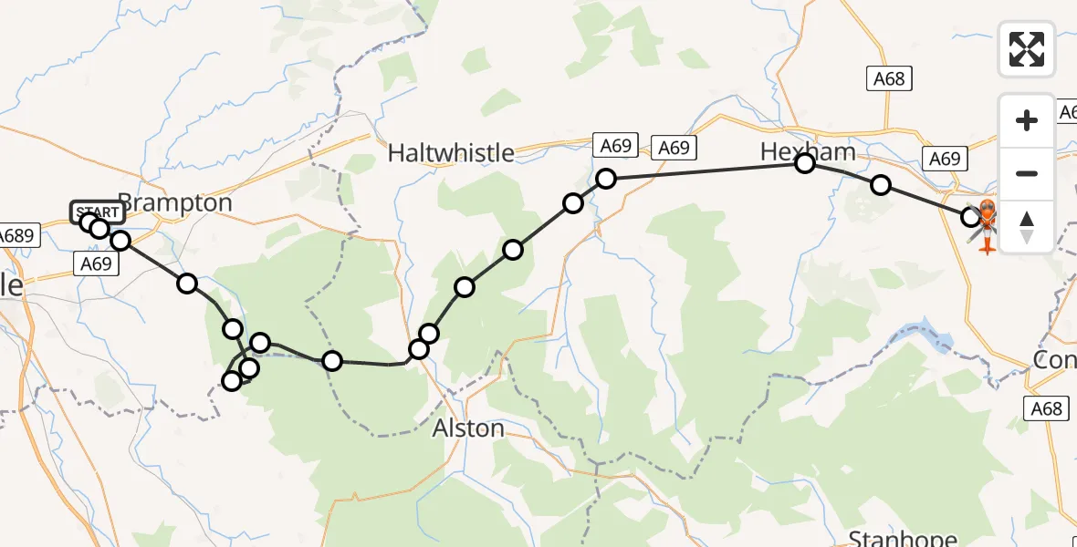 Flight path map showing Coastguard Helicopter route from Carlisle Lake District Airport to Stocksfield