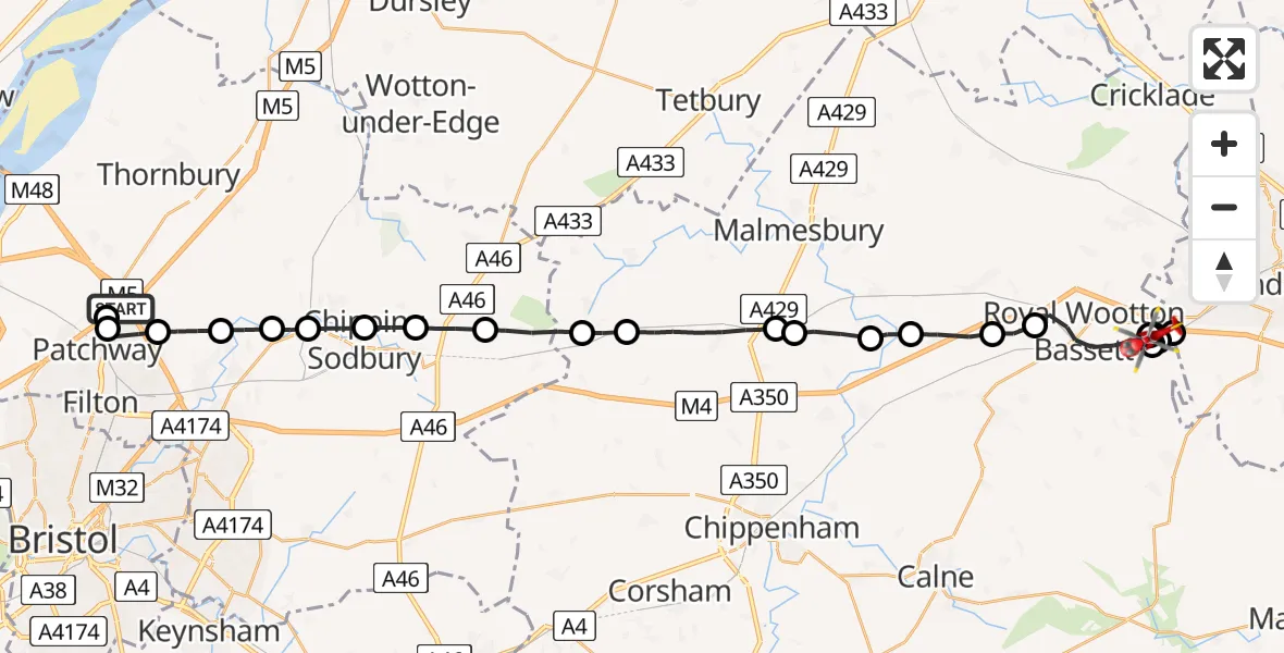 Flight path map showing Air Ambulance Helicopter route from Almondsbury Helicopter Base to Lydiard Tregoze
